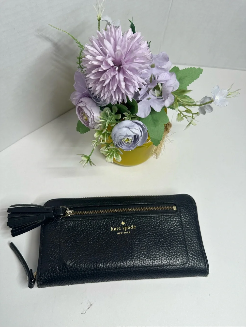 kate spade Black Pebbled Leather Zip Wristlet Wallet with Tassel